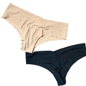 Victorias Secret PINK No Show Thong Panties 2 Pack Black Nude Seamless Large NEW